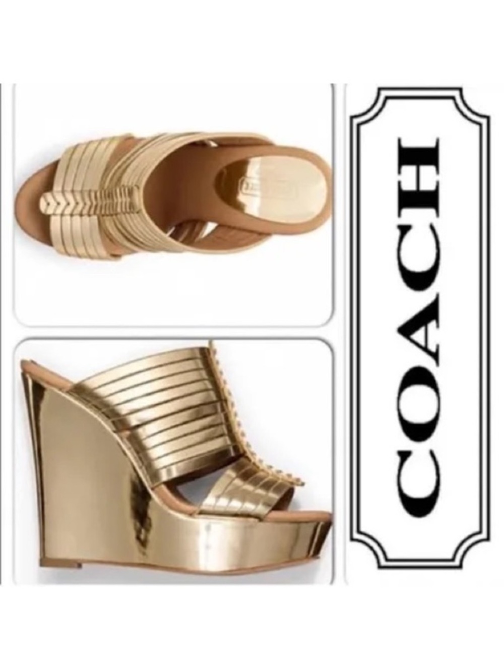 Coach Bristol Gold Mirror Metallic Wedge Sandals Size 7B